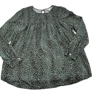 J.Jill Top Womens Small Green Leopard Smocked Shift‎ Blouse Tunic